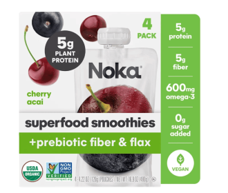 Noka Organic Cherry Acai Smoothie, 4.22 oz Fruit Pouches, 4 Count Smoothie Drinks