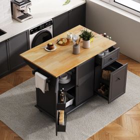 Kitchen Island with Drop Leaf, 53.9" Width Rolling Kitchen Cart on Wheels with Internal Storage Rack and 3 Tier Pull Out Cabinet Organizer (Material: MDF, Color: Black)