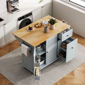 Kitchen Island with Drop Leaf, 53.9" Width Rolling Kitchen Cart on Wheels with Internal Storage Rack and 3 Tier Pull Out Cabinet Organizer (Material: MDF, Color: Grey+Blue)