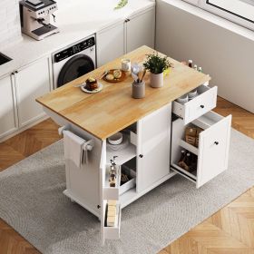 Kitchen Island with Drop Leaf, 53.9" Width Rolling Kitchen Cart on Wheels with Internal Storage Rack and 3 Tier Pull Out Cabinet Organizer (Material: MDF, Color: White)